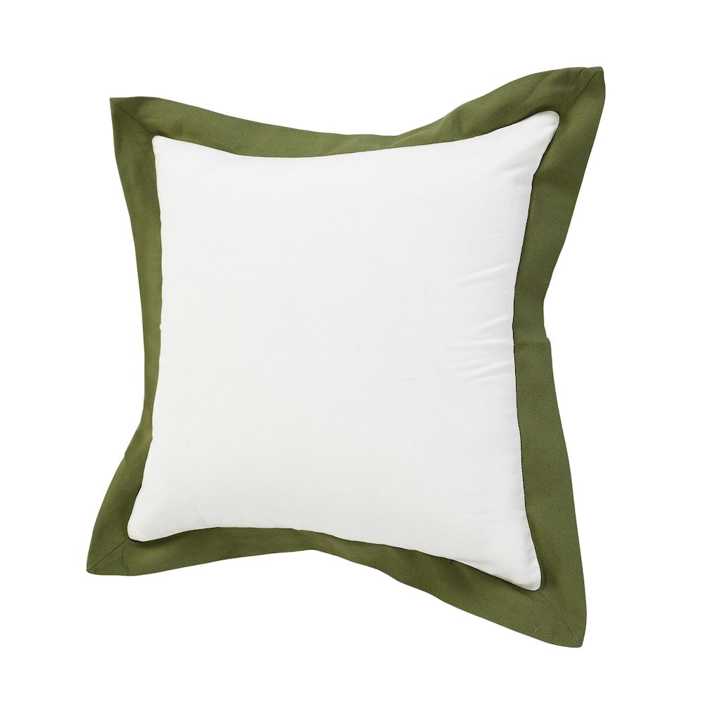 LR Home Ox Bay Hand-Woven White/Green Bordered All-Natural Cotton Pillow Cover