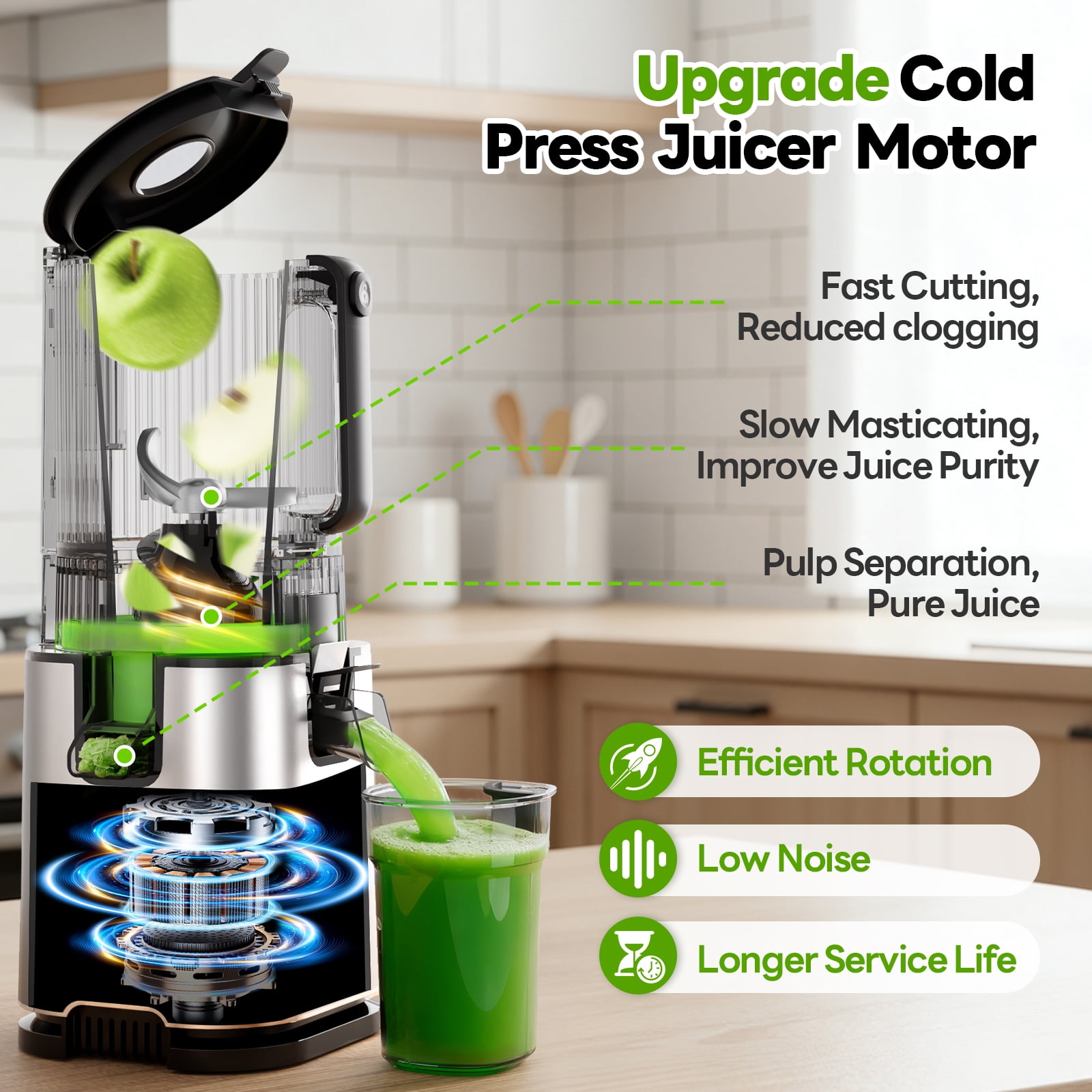 Aeitto Cold Press Juicer, Juicer Machines with 5.9" Extra Wide Feed Chute, 3-IN-1 Strainers (Juice & Sorbet & Nut Milk), Slow Masticating Juicer Easy to Clean, High Juice Yield