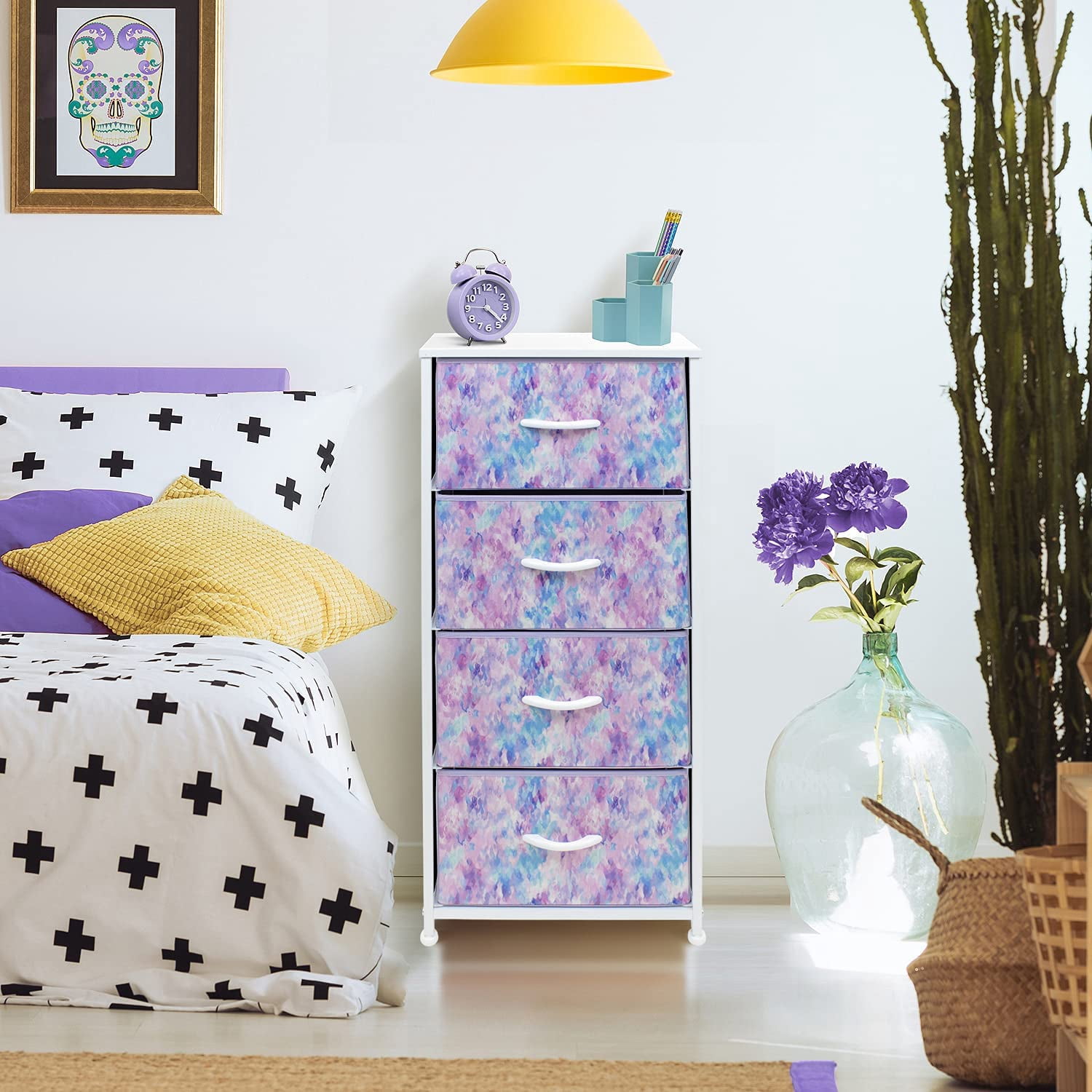 Sorbus Dresser Nightstand with 4 Drawers - Bedside Furniture & Accent End Table Chest for Home, Bedroom, Office, College Dorm, Steel Frame, Wood Top, Tie-dye Fabric Bins (4-Drawer, Blue/Pink/Purple)