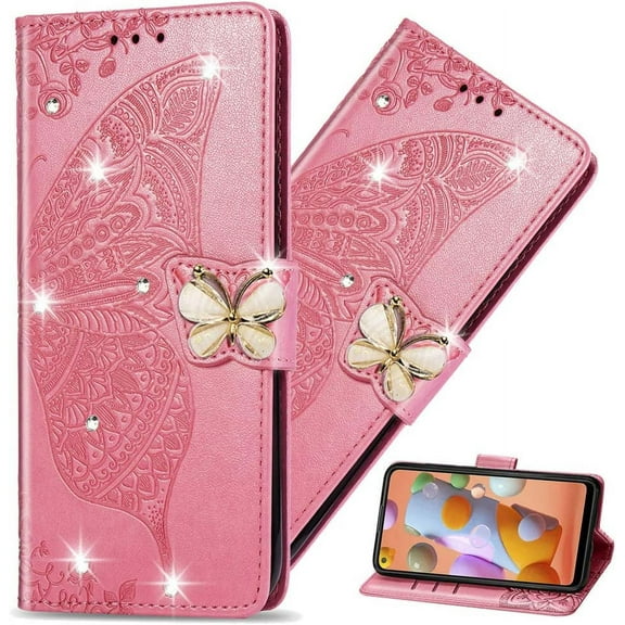 for LG Stylo 6 Wallet Case, [Butterfly & Flower Embossed] Premium PU Leather Wallet Flip Diamond Phone Case Cover with Card Slots and Stand for LG Stylo 6 2020 Released, Pink