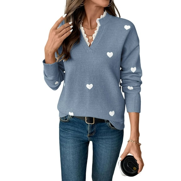 Cute Heart Print Sweater for Women - V-Neck Sweater Pullovers with Lace Trim, Knit Jumper Blue S