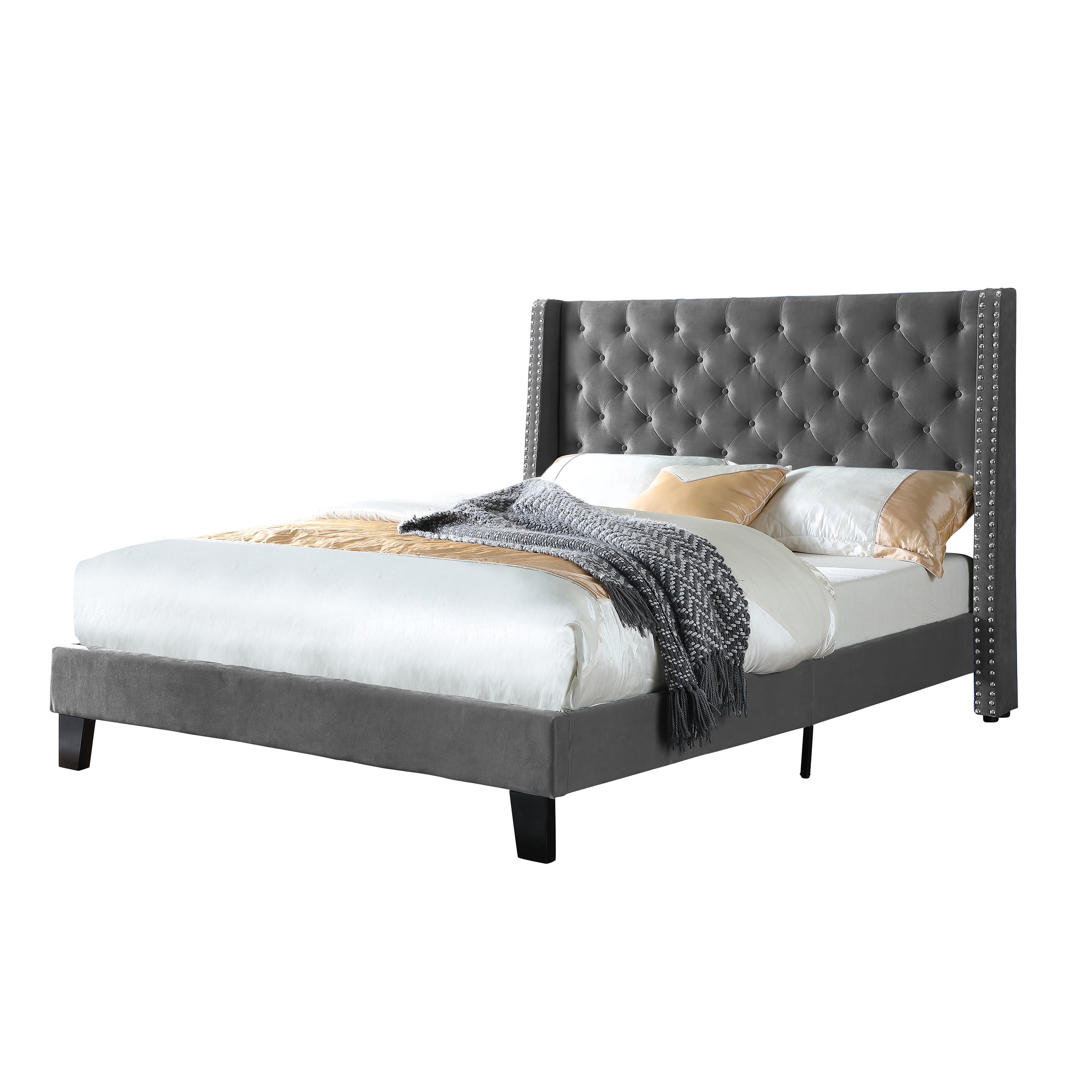 AC Pacific Full Modern Upholstered Platform Bed with Nailhead Trim, Gray