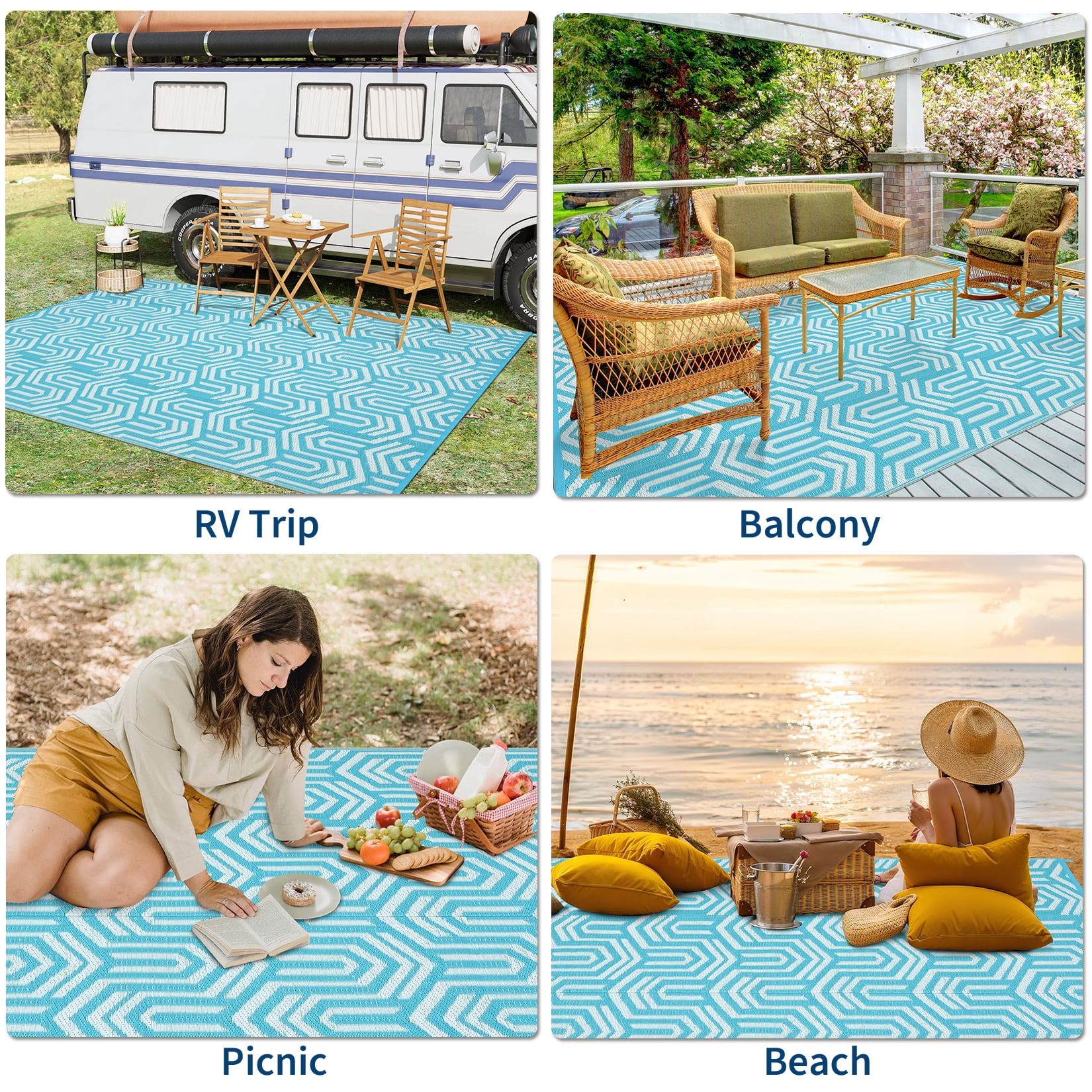 Garvee Waterproof Outdoor Rug 9x12ft Reversible Patio Rug, Plastic Straw Rug RV Camping Rug for Deck Balcony Porch Picnic Backyard, Light Blue