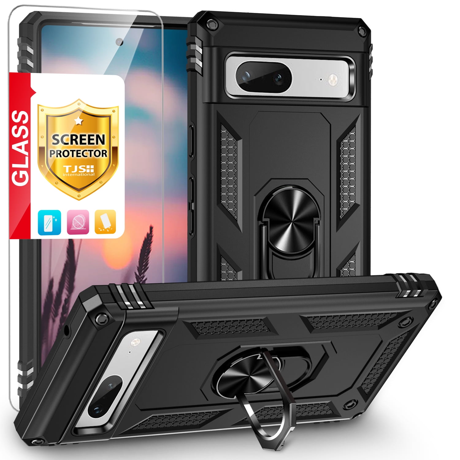 TJS for Google Pixel 7a Phone Case, with Tempered Glass Screen Protector, Impact Resistant Metal