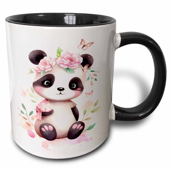 3drose, Cute Floral Panda Bear Illustration, 15oz Two-tone Black Mug