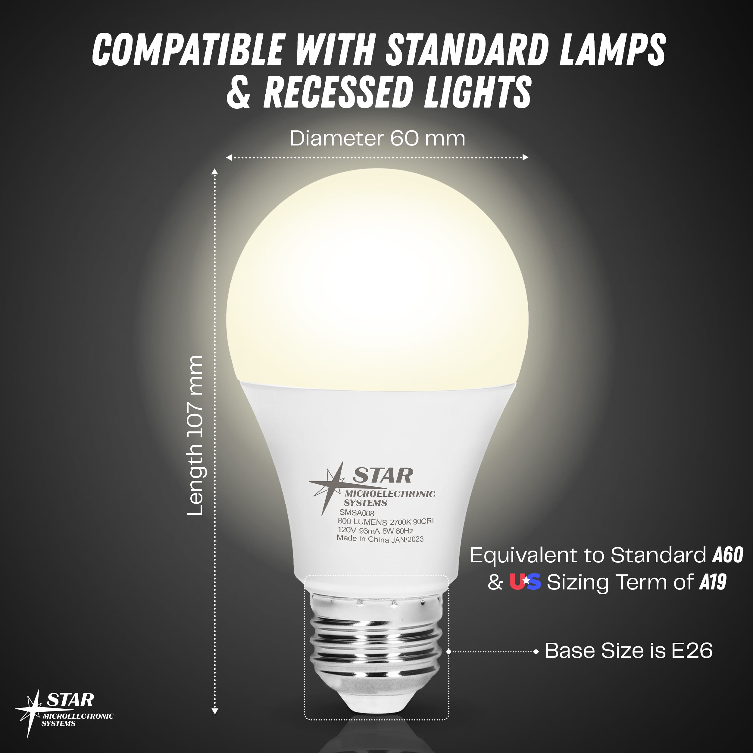 Star Microelectronic Systems LED Light Bulb 90 CRI 800 Lumens 2700K 33,000Hrs A19 Non-Dimmable (10 Count)