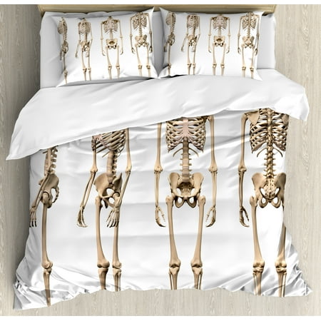 Human Anatomy King Size Duvet Cover Set, Man Male Human Skeleton Skull Different Perspectives Medical Humor Illustration, Decorative 3 Piece Bedding Set with 2 Pillow Shams, Cream, by