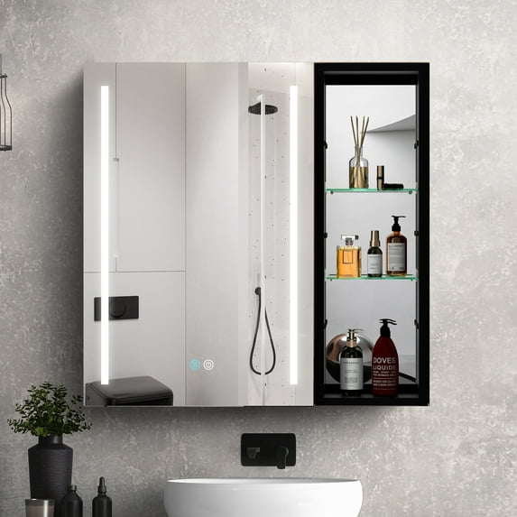 LED Lighted Bathroom Wall Cabinet with Mirror, 30 x 30 inch Illuminated One Door and Storage Shelves, Surface Mount, Touch Button, 3 Color Temperature, Aluminium Medicine Cabinet
