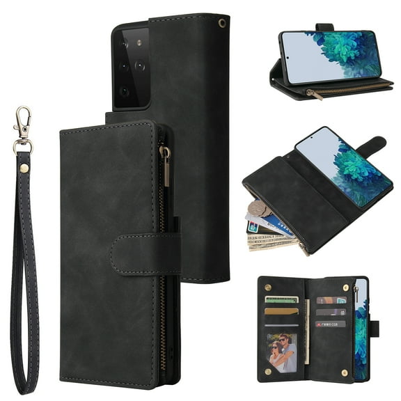 TECH CIRCLE Galaxy S21 Ultra Wallet Case, Classy PU Leather Zipper Purse Case Magnetic Buckle Folio Flip Cover Stand with Card Slots Wrist Strap for Samsung Galaxy S21 Ultra 6.8 inch,Black