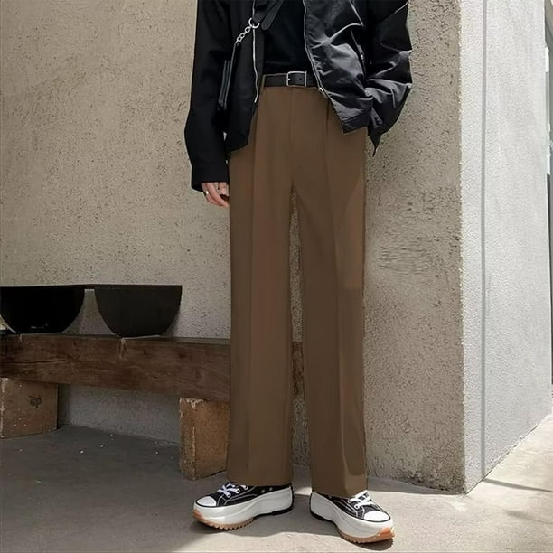 Pantalones largos para hombre, color liso, con cremallera, botones, pierna recta, pierna ancha, pantalones de traje casuales, pantalones de poliéster para hombre
