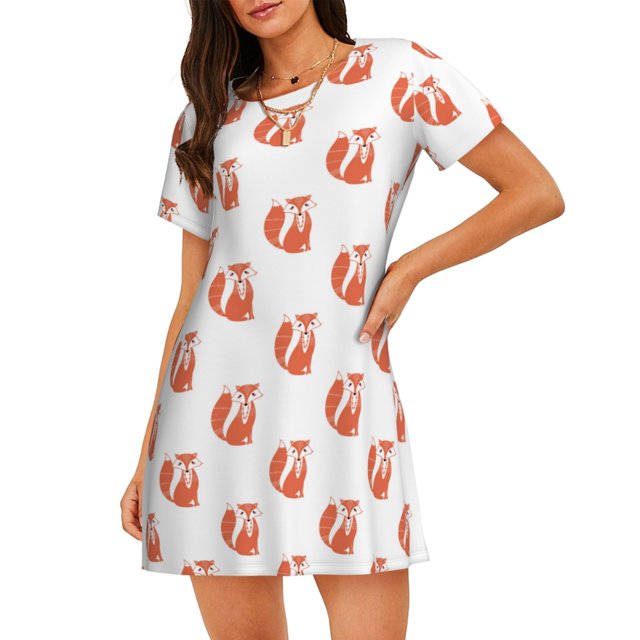 Disketp Orange Fox para Camisón Corto de Manga Corta para Mujeres, Camisón Cómodo con Escote Redondo, Bonito y Confortable