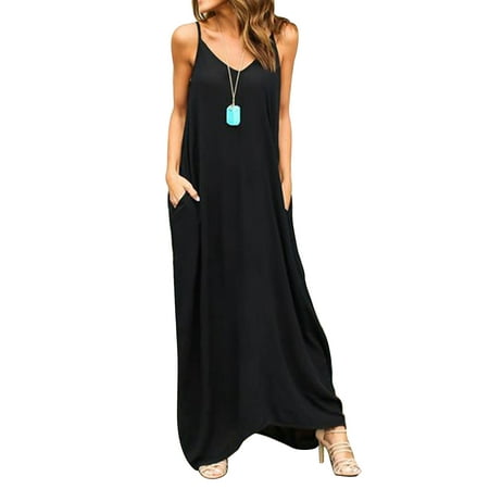 Hippie Party Dress (Women Hippie Boho Summer Sleeveless Loose Long Maxi Casual Party Strappy Dress Baggy V-neck Beach Sundress+Two)