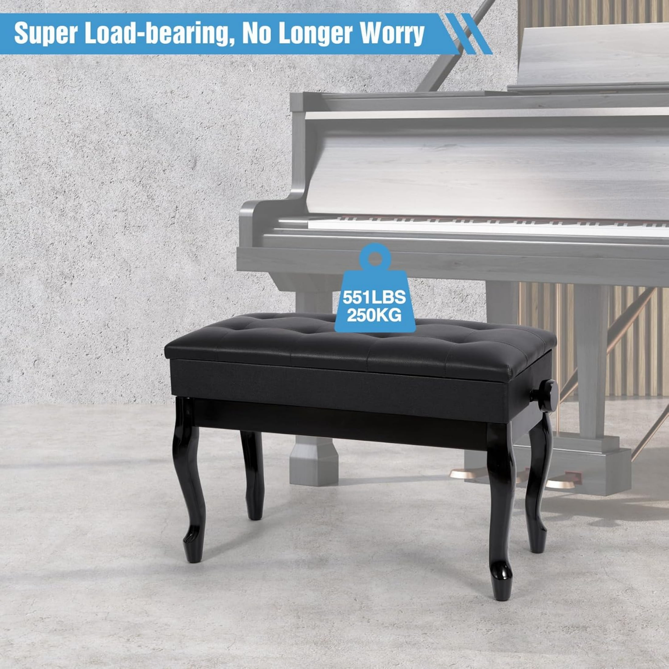 REDCAMP Adjustable Piano Bench with Storage, PU Leather Heavy Duty Keyboard Piano Bench with Padded Cushion Bent Leg, Black