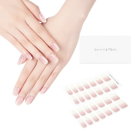 DANNI & TONI Semi Cured Gel Nail Strips Translucent (Mystery Veil) Pink Ombre Nail Stickers Glitter Gel Nail Wraps 28 Stickers