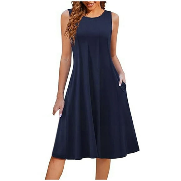 TSADFHJI Skirts for Women Short Length Lace Summer Casual Dresses for Women Sleeveless Midi Dress Swing Tank Pleated Tshirt Dress with Pockets A S Navy