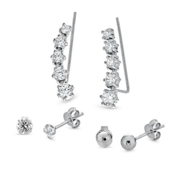 Sterling Silver Cubic Zirconia Ball Stud And Crawler Earrings Set