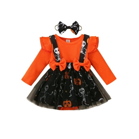 

Halloween Infant Baby Girl Romper Dress Long Sleeve Jumpsuit Bodysuit with Tulle Skirt and Headband Outfits