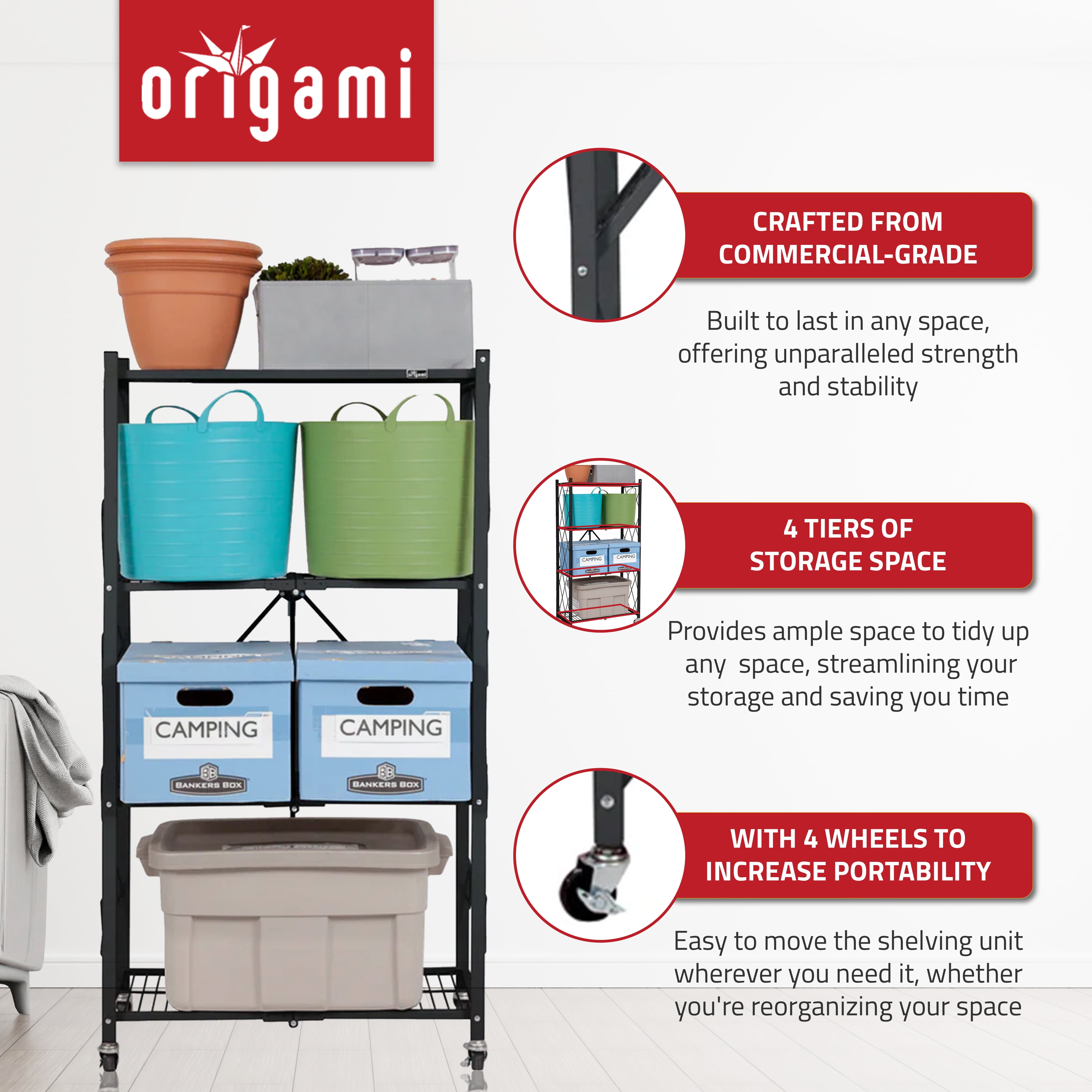 Origami 4 Tier Folding Shelf Garage Shelves Heavy Duty with Wheels