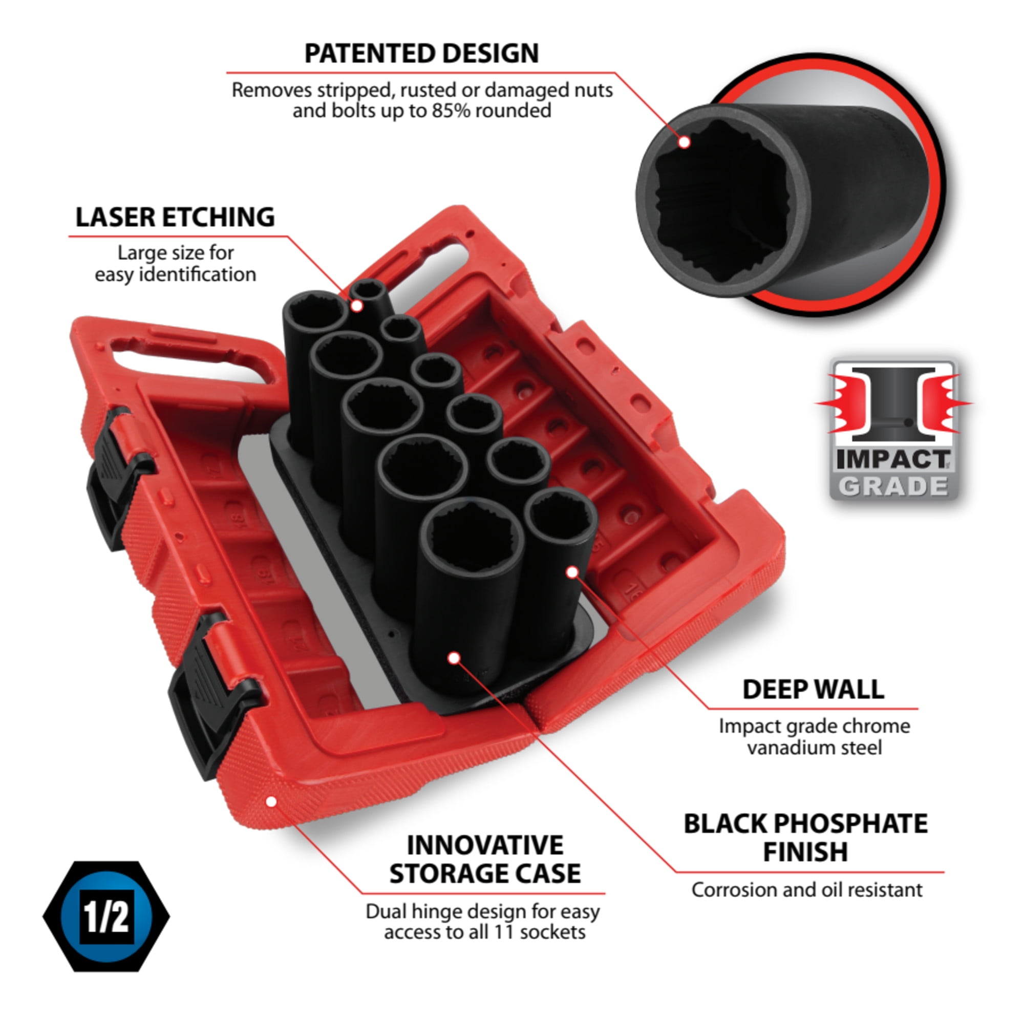 Performance Tool W32917 1/2" Dr. X-Trax Metric Socket Set