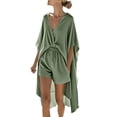 thumbnail image 3 of VBVC Women's 2 Piece Cotton Loungewear Set,Batwing Sleeve Cardigan and Drawstring Shorts For Women,Ladies Casual Summer Outfit with Pockets,Green,S-3XL, 3 of 10