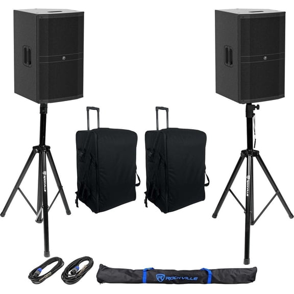 (2) Mackie DRM215-P 15" 1600w DJ PA Speakers Rolling Carry Bags Stands Cables