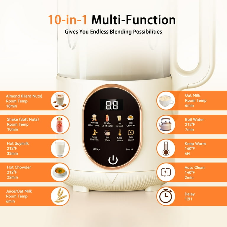 50oz Automatic Nut Milk Maker, Homemade Soy Milk Almond Cow Maker Machine, 10-in-1 Plant-Based & Dairy-Free Beverage Oat Milk Maker with Delay Start, Keep Warm, Boil Water(1500ML)