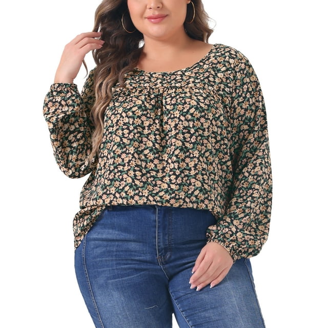 Blusas de tamaño grande para mujer Agnes Orinda, estampado floral, cuello redondo, manga larga, puños elásticos, casual, 4X, negro, beige