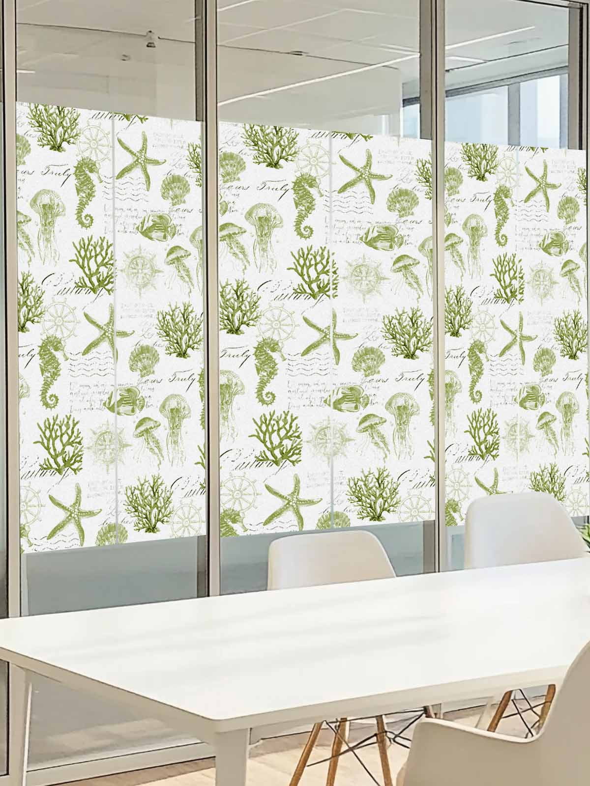 Seahorse Coral Shell Window Privacy Film, Starfish Ocean Frosted Glass Window Clings Static Cling UV Heat Blocking Reusable Door Sticker for Bathroom 23.6 x 59 Inch