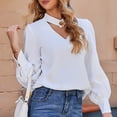 thumbnail image 4 of Top ahuecado con cuello en V para mujer, jersey de poliéster transpirable con manga acampanada y botones, camisa de manga larga, 4 of 7