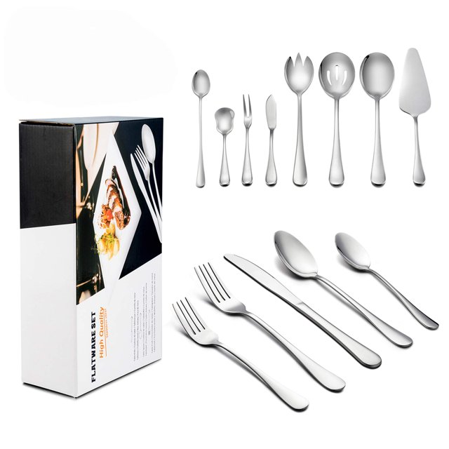 LIANYU Juego de cubiertos de 68 piezas con piezas para servir Servicio para 12 cubiertos de acero inoxidable Juego de utensilios Apto para lavavajillas Juego de servir de 8 piezas adjunto
