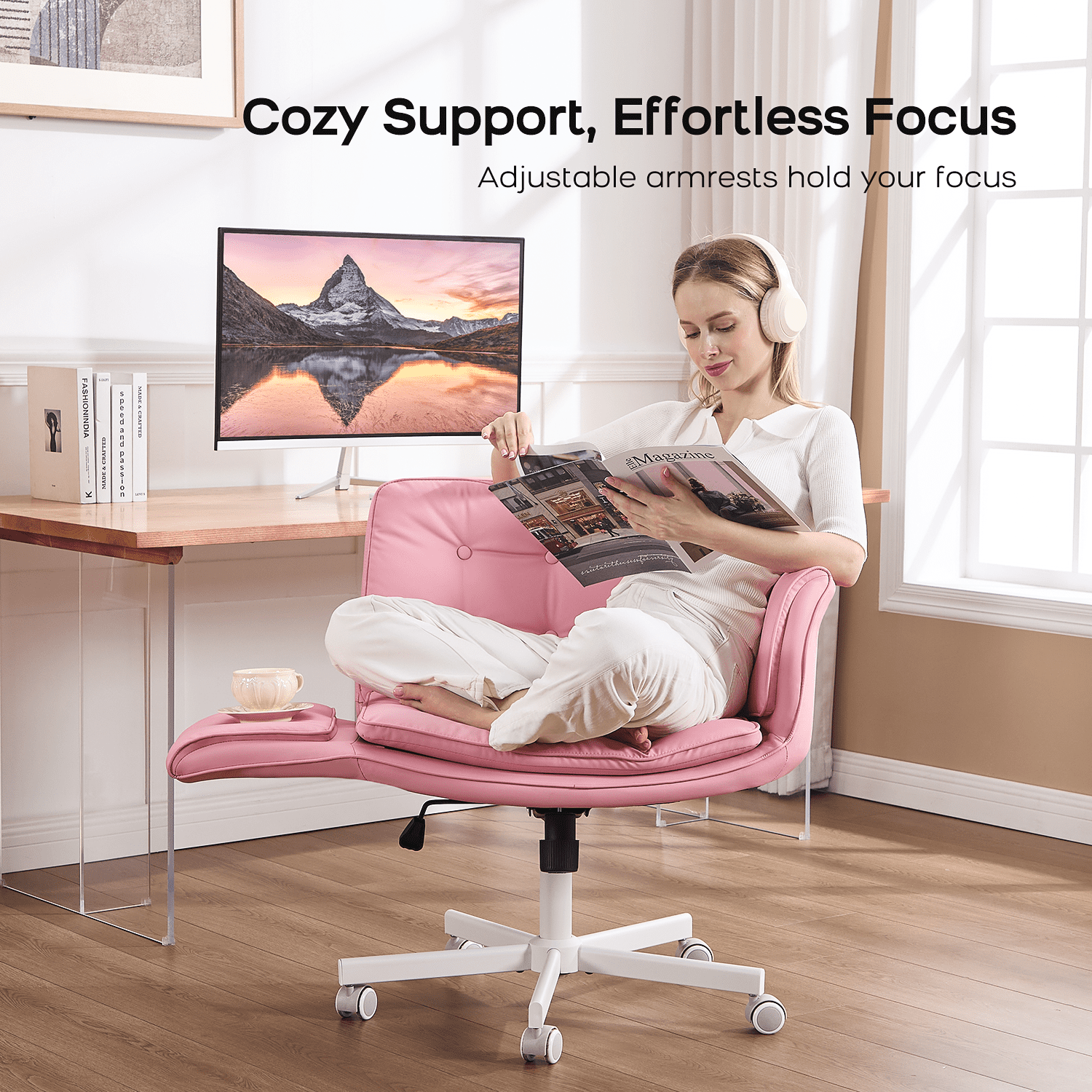 TMV Criss Cross Chair with Wheels & Armrests, Comfy Wide Vanity Chair, PU Leather Cross Legged Desk Chair, Height Adjustable Computer Office Desk Chairs for Home＆Makeup＆Bedroom，Pink