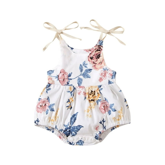 Seyurigaoka Baby Girl’s Flower Print Round Neck Bow Lace-Up Suspender Romper