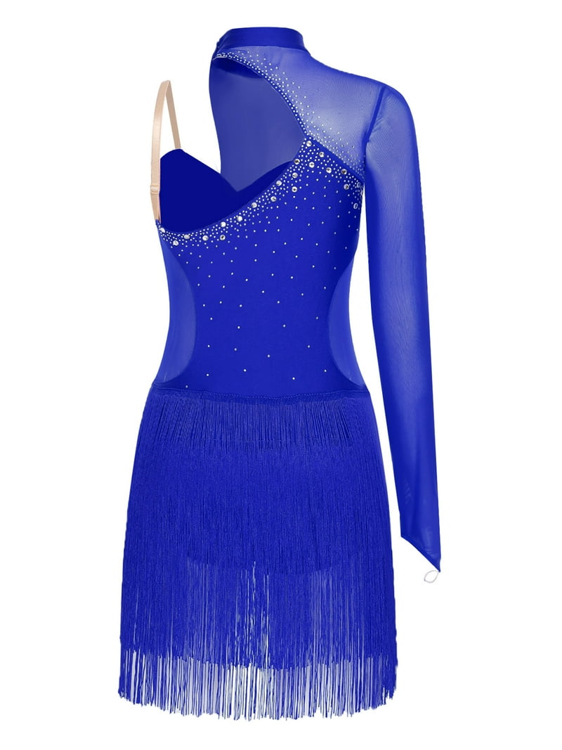 Inlzdz Latin Dance Dress Women Rumba Chacha Tango Single Sleeves Performance Clothing Latin Skirt Blue XXL, Women's, Size: 2XL