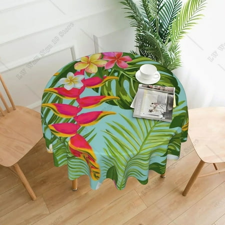 

Tropical Palm Leaves and Flower Round Tablecloth Resistant Water-Proof Circular Table Cover Decorative for Kitchen Dining Picnic