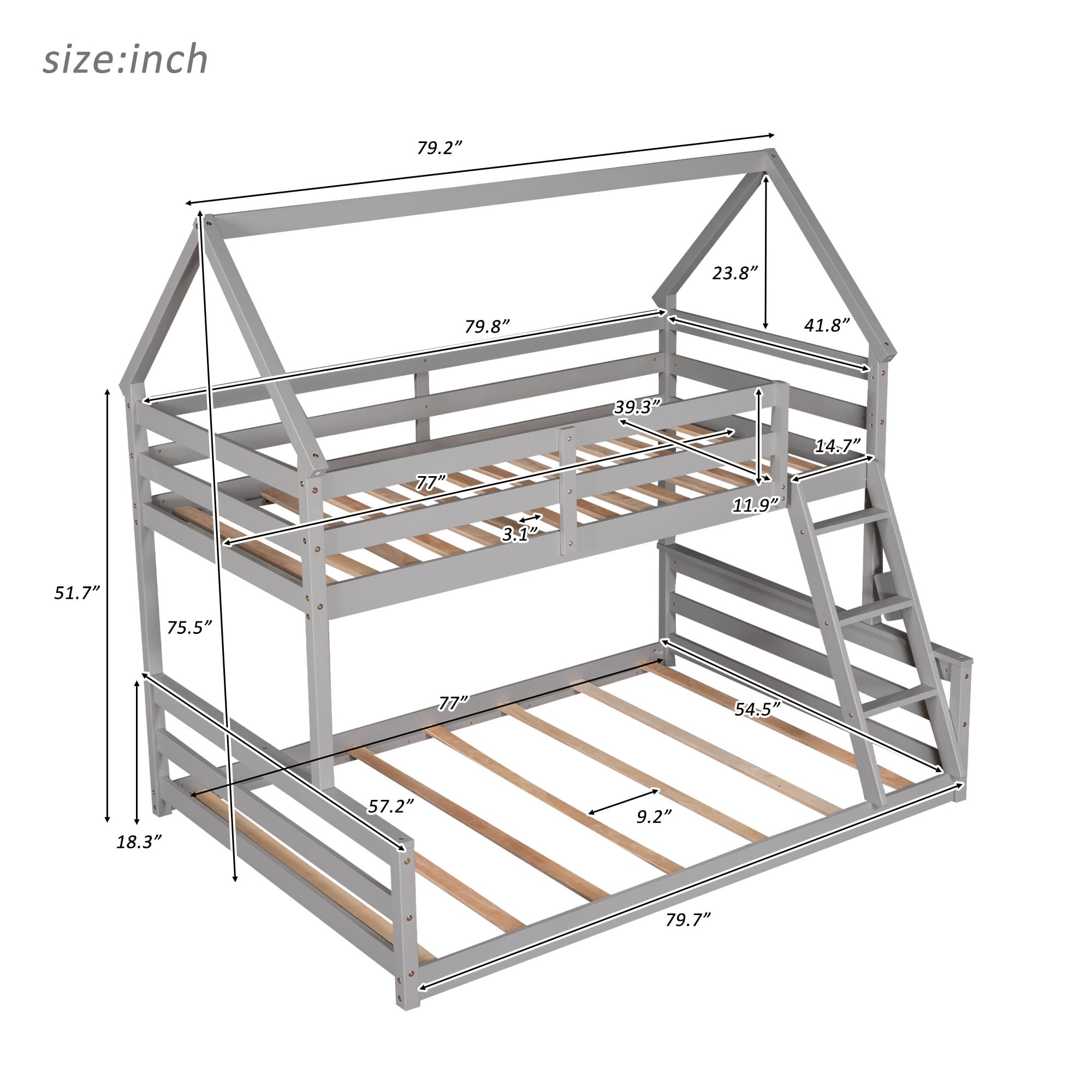 Aukfa Twin over Full Bunk Bed, Solid Wood House Bunk Bed for Kids - Gray