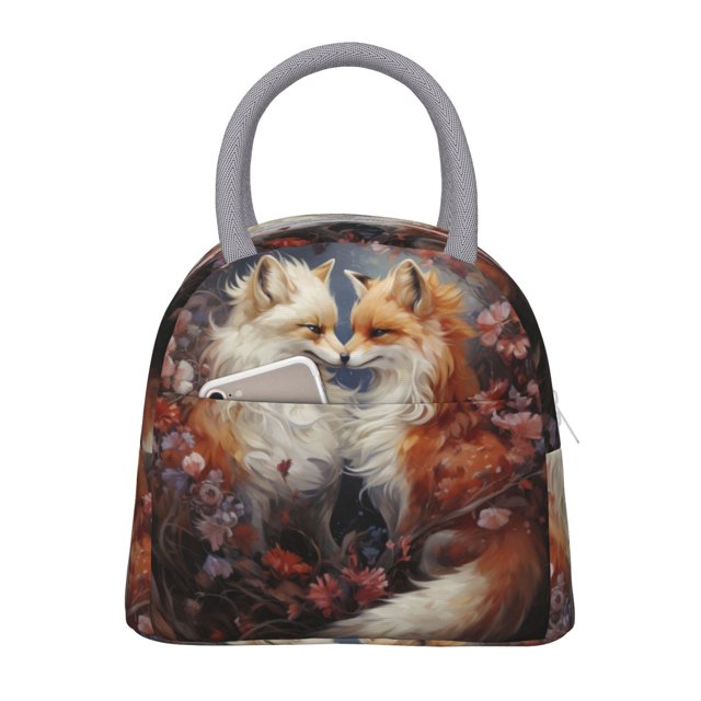 Easygdp Romantic Flower Fox Couple Bolsa de Almuerzo Insulada Grande, Forro de Aluminio, Diseño Espacioso, a Prueba de Fugas, Ideal para Trabajo, Picnics, Viajes y Actividades al Aire Libre