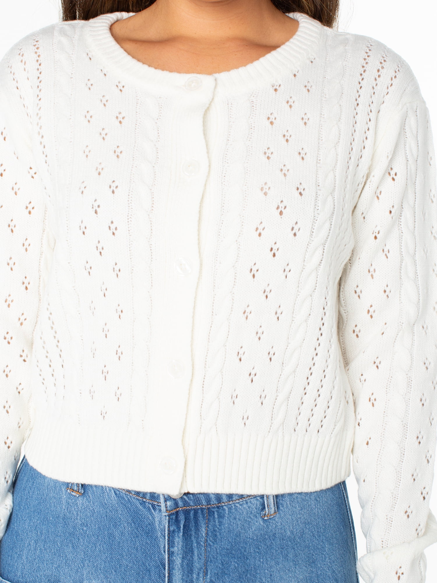 Celebrity Pink Women's Pointelle Crewneck Cardigan Sweater, Sizes XS-XXXL