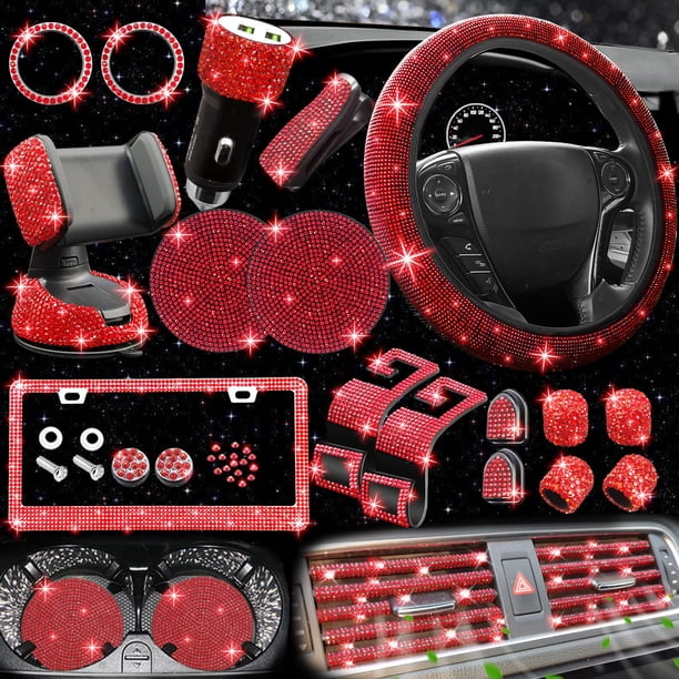 NBTEPEM Juego de 27 accesorios de coche con brillantes rojos para mujer, fundas para volante, ajuste universal, marco de placa de matrícula de 15 pulgadas, soporte para teléfono con brillantes, posava