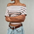 thumbnail image 6 of yillto Women off Shoudler Tops Striped Short Sleeve Shirts Casual Tunics Tees Ruched Slim Fashion Outfits, 6 of 7