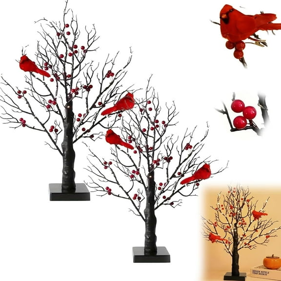 Ansurely Cardinal Tree, Ansurely Vintage Glowing Tree, LED Vintage Glowing Tree, Lowing Tree with Cardinals and Berries, Vintage Glowing Tree with Cardinals (2pcs)