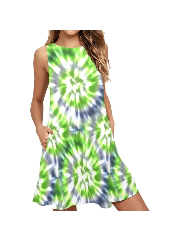 Tie Dye Sleeveless A-Line Pocket Dress (Size:3XL; Style:Tie Dye Green Sleeveless A-Line Pocket Dress (Model D57);)
