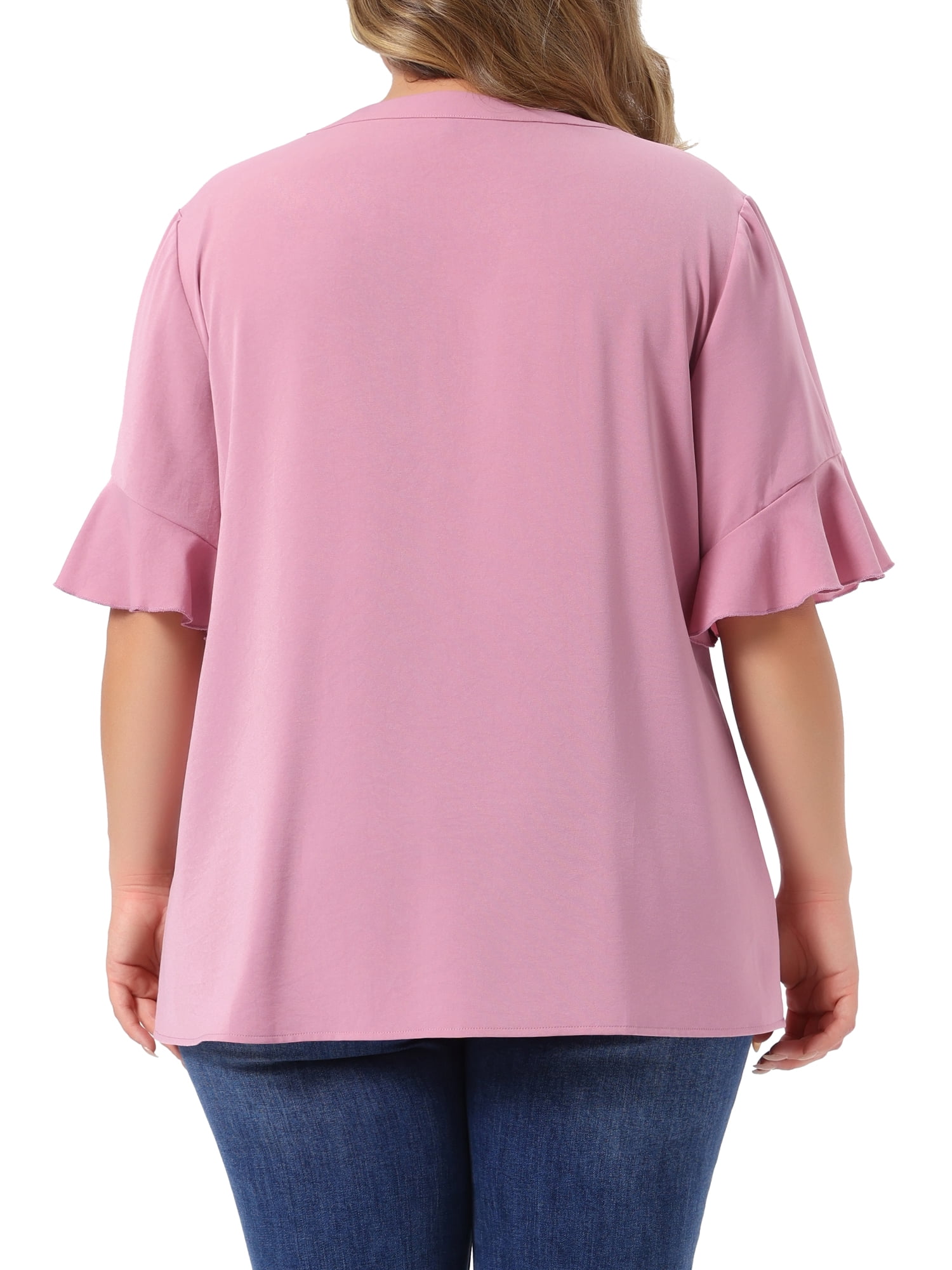DARING DIVA Women's Plus Soft Top V Neck Ruffle  Casual Chiffon Blouse Shirt 3X Pink