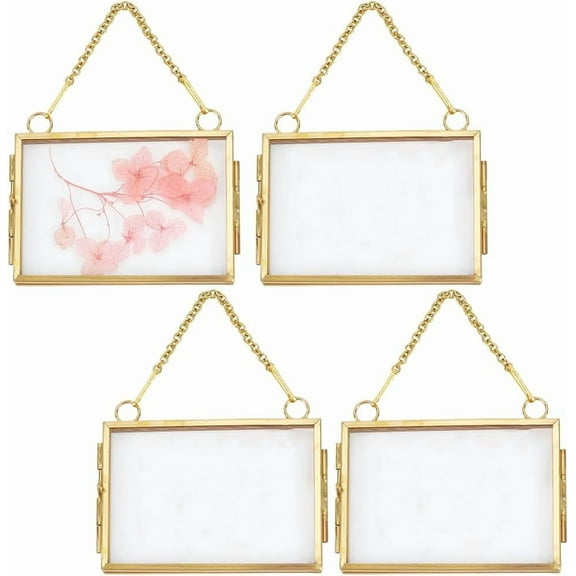 4Pcs 3.4 Inch Pressed Flowers Frame Bulk Glass Floating Frames Mini Gold Vintage DIY Double Clear Glass Floating Artwork Display with Metal Chain for Dried Plant Specimen Picture Wall Decor Clear