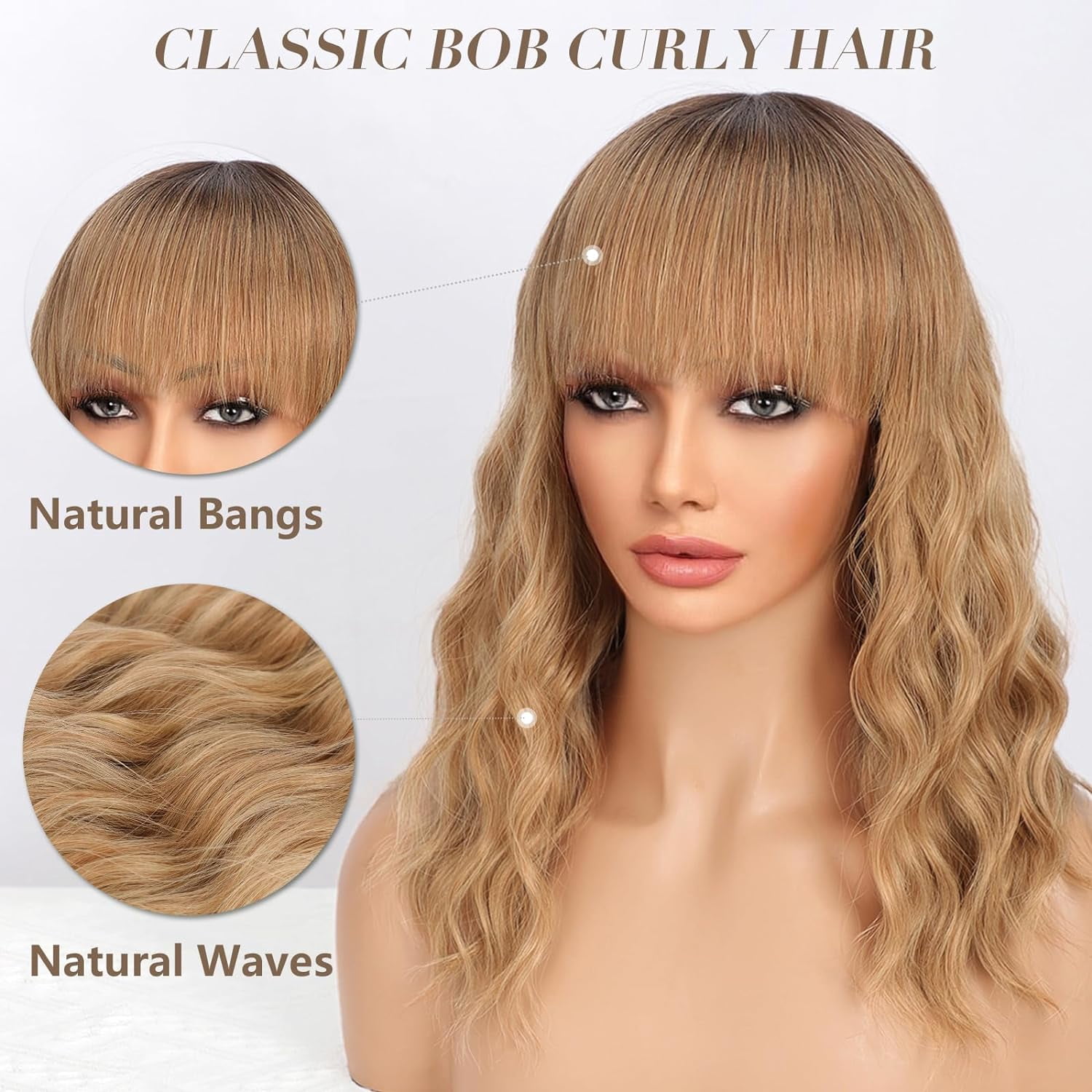 DOPI Short Wavy Wig with Bangs for Women Shoulder Length Bob Curly Women's Charming Synthetic Wigs with Natural Wavy Black To Brown Heat Resistant Hair for Daily Party Use