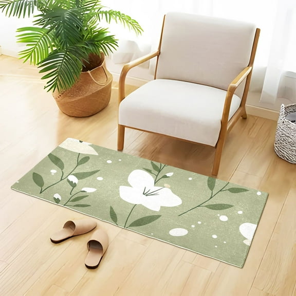 White Flowers Leaves in Green Bathroom Rug 39x20 Non Slip Quick Dry Washable Bathroom Mats for Bedroom Living Room Kitchen