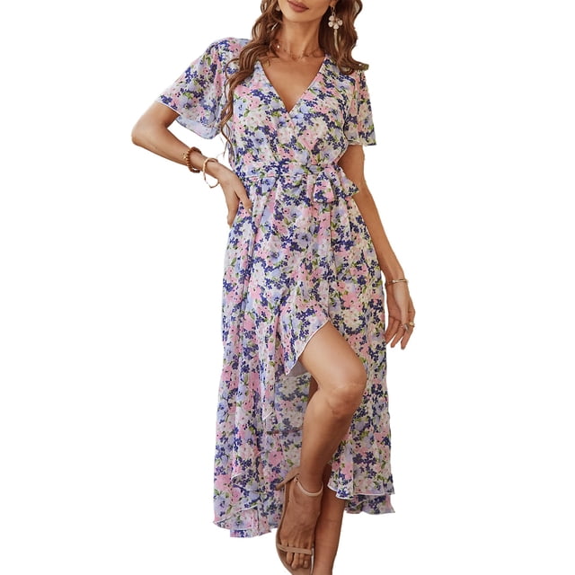 Vestido largo maxivestido cruzado con cinturón y escote en V floral PRETTYGARDEN - talla S