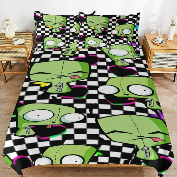 Invader Zim Cartoon 3 Piece Bedding Set, Cute Anime Printed Duvet Cover Sets For Adult Kids Boys Girls, 1 Quilt Cover & 2 Pillowcases 86x70in