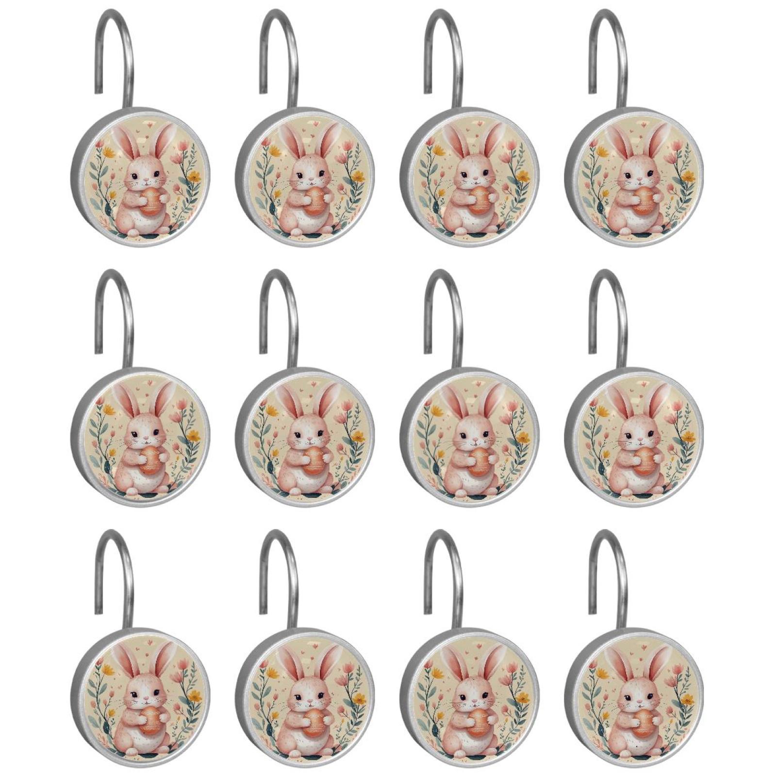 Imobaby 12 Pcs Metal Shower Curtain Hooks Rust Proof for Shower Curtain Liner - Pink Bunny Flower
