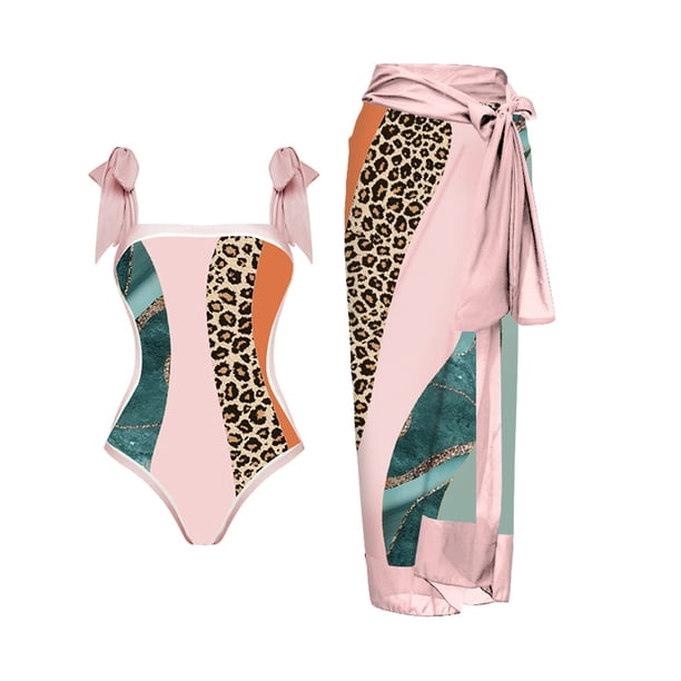 MKLEKYY Trajes De Baño Hombre Natacion Women Vintage Abstract Floral Print 1 Piece Swimwear+1 Piece Cover Up Two Piece Vintage Print Swimsuit Monokini Bikini 2 Piece Swimsuits Two Piece Tankini Set