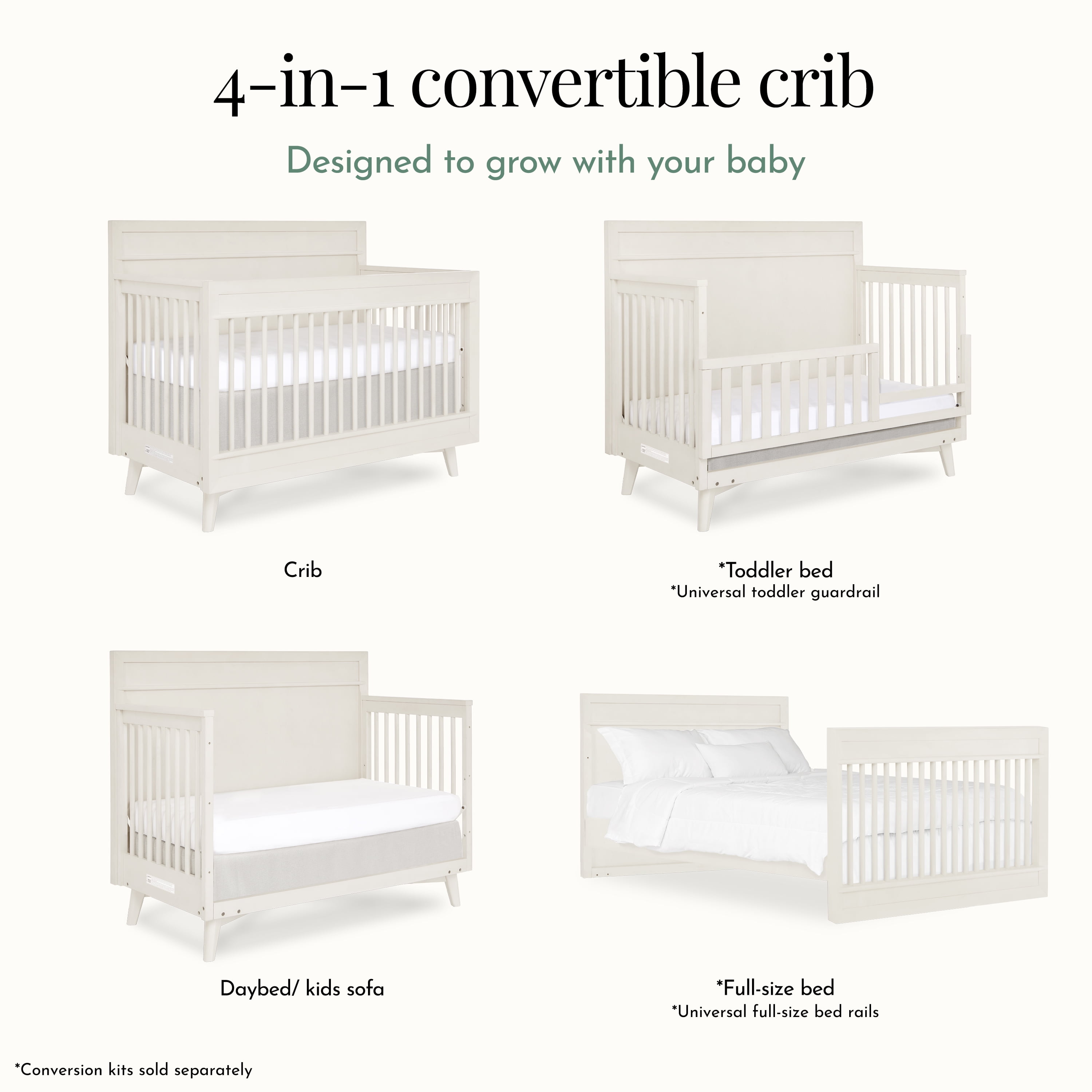 Evolur Loft Antilia Mid Century 4-in-1 Convertible Crib, Vanilla Bean